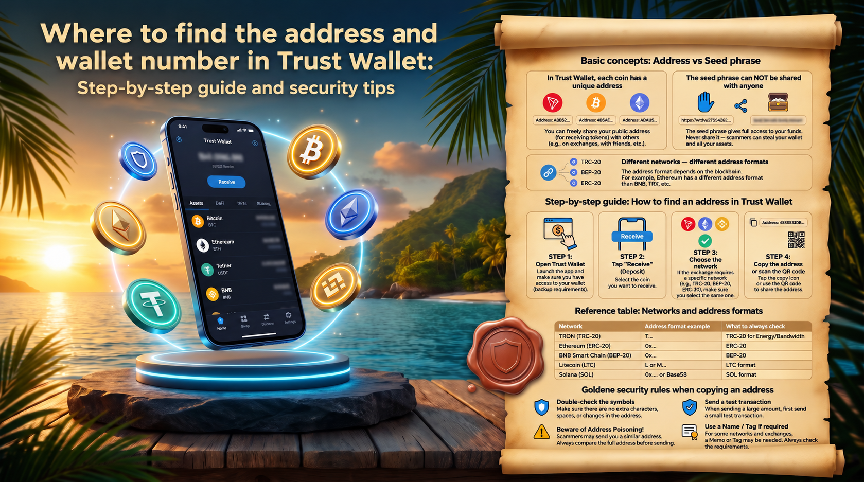 Where to Find Your Wallet Address and Wallet Number in Trust Wallet: A Step-by-Step Guide to Security. This visual infographic by Tron Pool Energy explains in detail how to find and copy your public address to receive cryptocurrency. It covers essential c