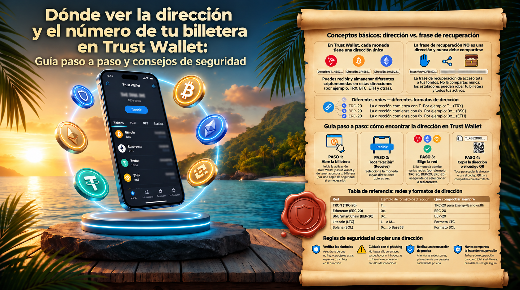 Dónde consultar la dirección y el número de una billetera en Trust Wallet: guía paso a paso y seguridad. Esta infografía de Tron Pool Energy explica detalladamente cómo encontrar y copiar la dirección pública para recibir criptomonedas. El material aborda