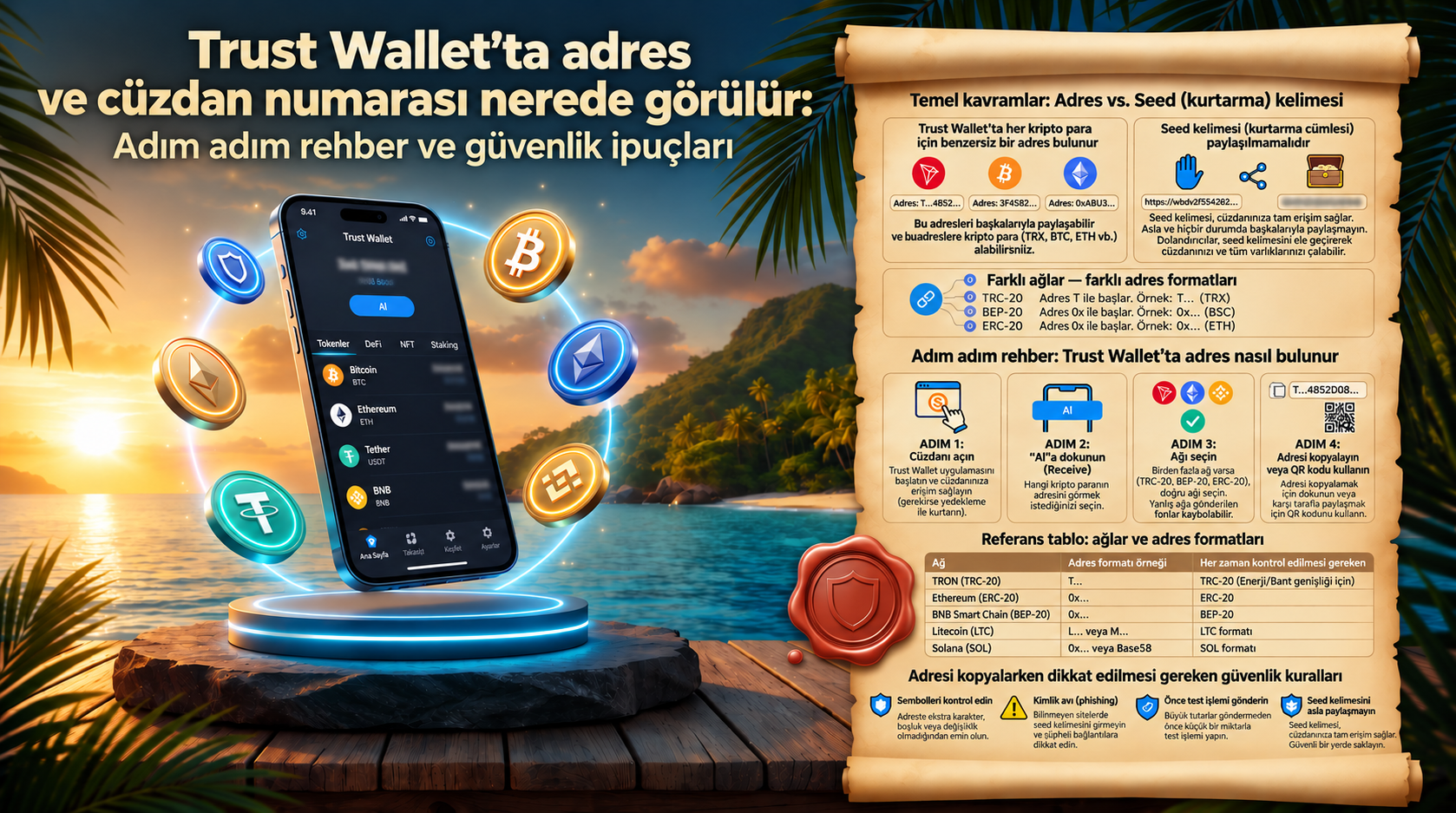 Trust Wallet'ta Cüzdan Adresi ve Cüzdan Numarası Nerede Bulunur? Adım Adım Rehber ve Güvenlik. Tron Pool Energy tarafından hazırlanan bu görsel infografik, kripto para almak için herkese açık cüzdan adresinin nasıl bulunup kopyalanacağını ayrıntılı olarak