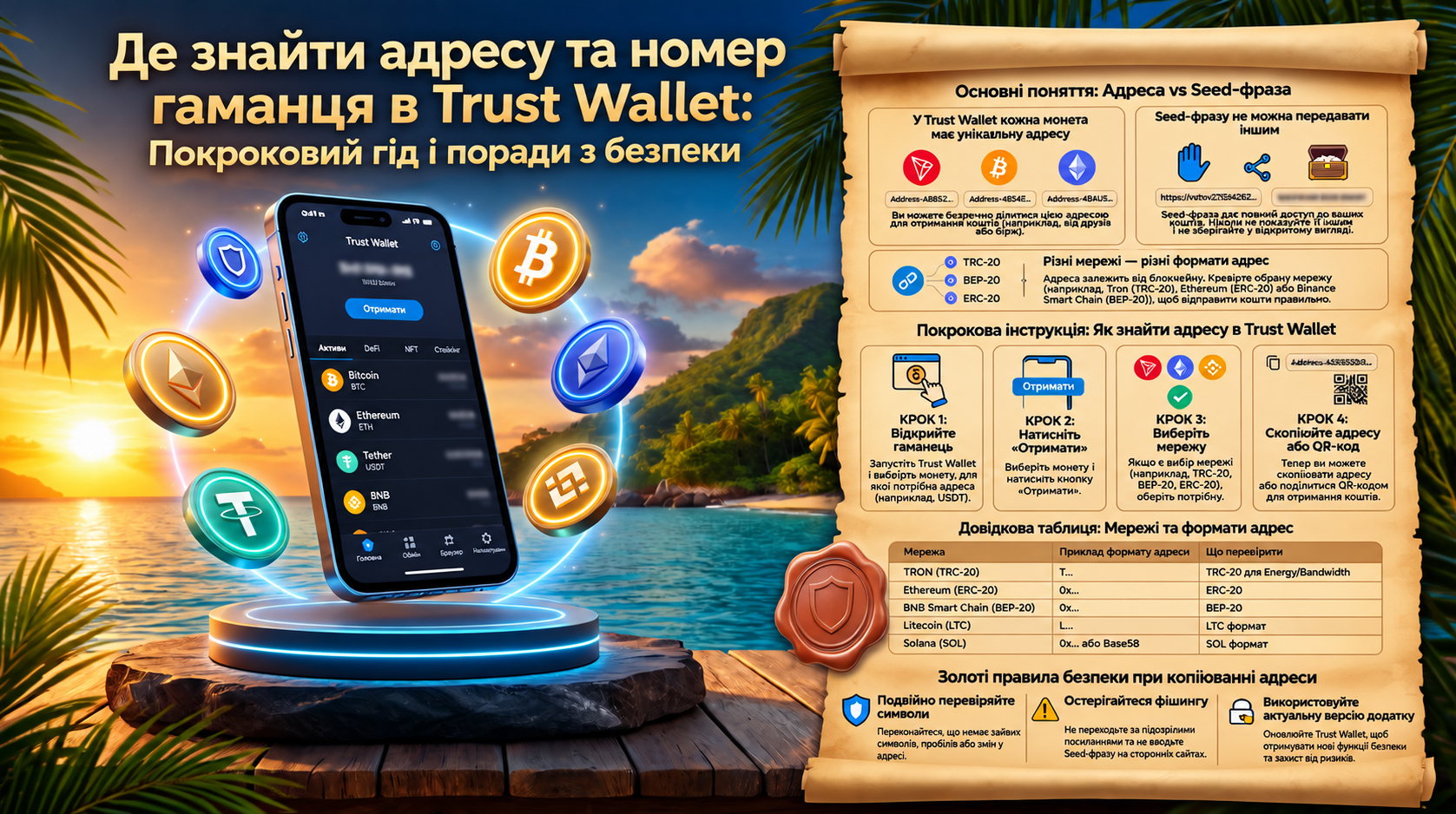 Де подивитися адресу та номер гаманця в Trust Wallet: покроковий посібник із безпеки. Ця наочна інфографіка від Tron Pool Energy докладно пояснює, як знайти й скопіювати публічну адресу для отримання криптовалюти. Матеріал розкриває основні поняття, зокре