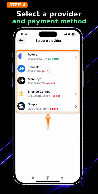 Select a provider and payment method. The app will show a list of available gateways (such as Paybis, Transak, Mercuryo). Compare the offers and choose the provider with the best quote and a suitable payment method.