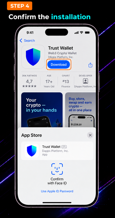 Confirm the installation. The iOS security system will request confirmation to download. Confirm the app installation using your device's standard method: via Face ID, Touch ID, or by entering your Apple ID password.