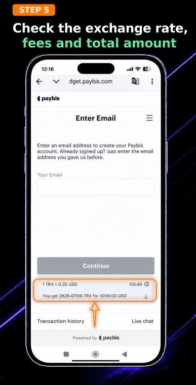 Check the rate, fees, and amount. Carefully review the transaction details on the selected service provider's page. Check the current exchange rate, the fee amount, and the total amount of TRX that will be credited to your balance.
