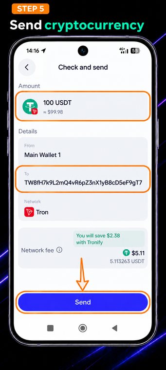 Send the cryptocurrency. The system will return you to the standard Trust Wallet transfer interface. Paste the copied deposit address into the recipient field, check the Network fee, and confirm the transaction by tapping the blue "Send" button.