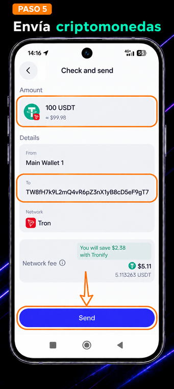 Envía la criptomoneda. El sistema te devolverá a la interfaz de transferencia estándar de Trust Wallet. Pega la dirección de depósito copiada en el campo de destinatario, verifica la comisión de la red (Network fee) y confirma la transacción presionando el botón azul "Enviar".