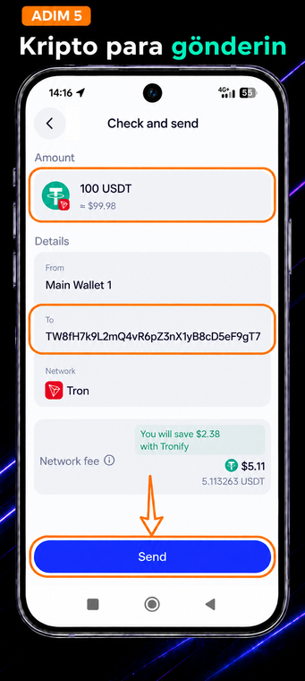 Kripto parayı gönderin. Sistem sizi standart Trust Wallet transfer arayüzüne döndürecektir. Kopyalanan para yatırma adresini alıcı alanına yapıştırın, ağ komisyonunu (Network fee) kontrol edin ve mavi "Gönder" düğmesine dokunarak işlemi onaylayın.