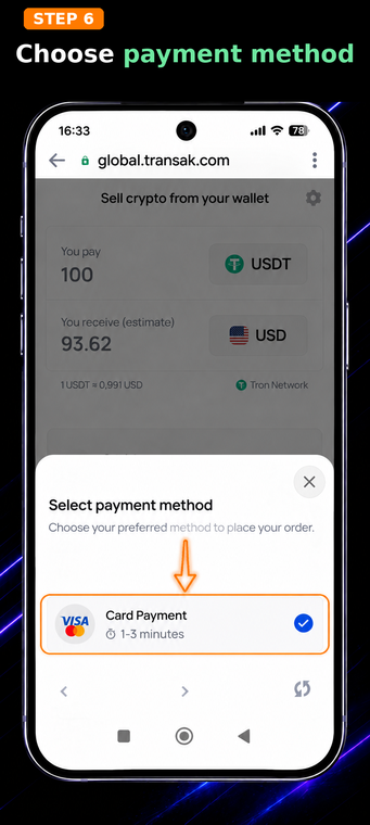 Select a payment method. On the selected third-party provider's screen (in this example, Transak), specify your preferred withdrawal method. To receive the money on a card, select the "Card Payment" option. Once the blockchain confirms the transfer, the provider will process the sale and transfer the funds to your bank card.