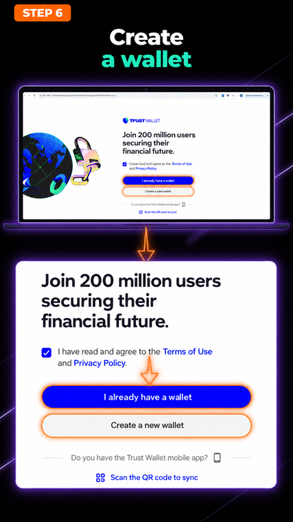 Create a wallet. Click on the pinned Trust Wallet icon to open the extension. Read the terms of use, check the box, and select "Create a new wallet" (or click "I already have a wallet" if you want to use the same addresses and assets as on your phone).
