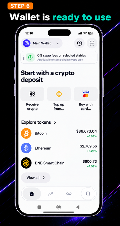 The wallet is ready to use. After completing the security setup, the main wallet interface will open, displaying a list of basic cryptocurrencies. You can now safely deposit funds, receive, and send tokens through your new crypto wallet.