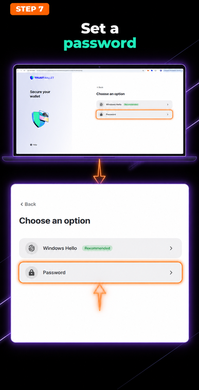 Set a password. To protect access to the extension on this computer, choose the "Password" option and create a strong combination. This local password will be used to unlock the wallet every time you start the browser.
