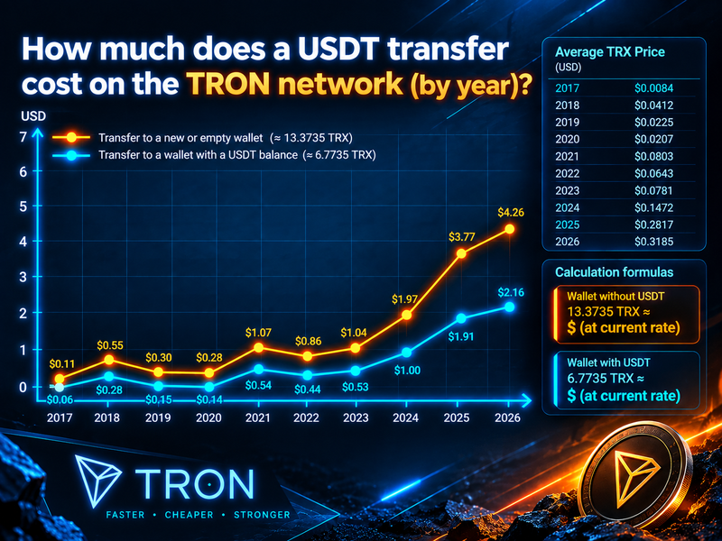 Chart showing the dynamics of USDT TRC-20 transfer costs in the TRON network from 2017 to 2026. Comparison of TRX fees for empty wallets and addresses with an existing USDT balance.