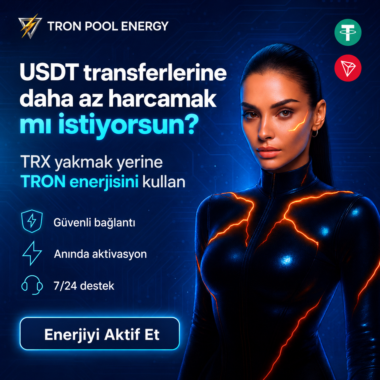 USDT TRC20 gönderimlerinde TRON işlem ücretlerinden %80'e varan tasarruf edin. TRX yakmak yerine TRON Energy kullanarak TRON ağındaki işlem maliyetlerini azaltın. Enerji, saklama dışı cüzdanınıza bağlanır ve USDT transferlerini daha düşük ücretlerle gerçe