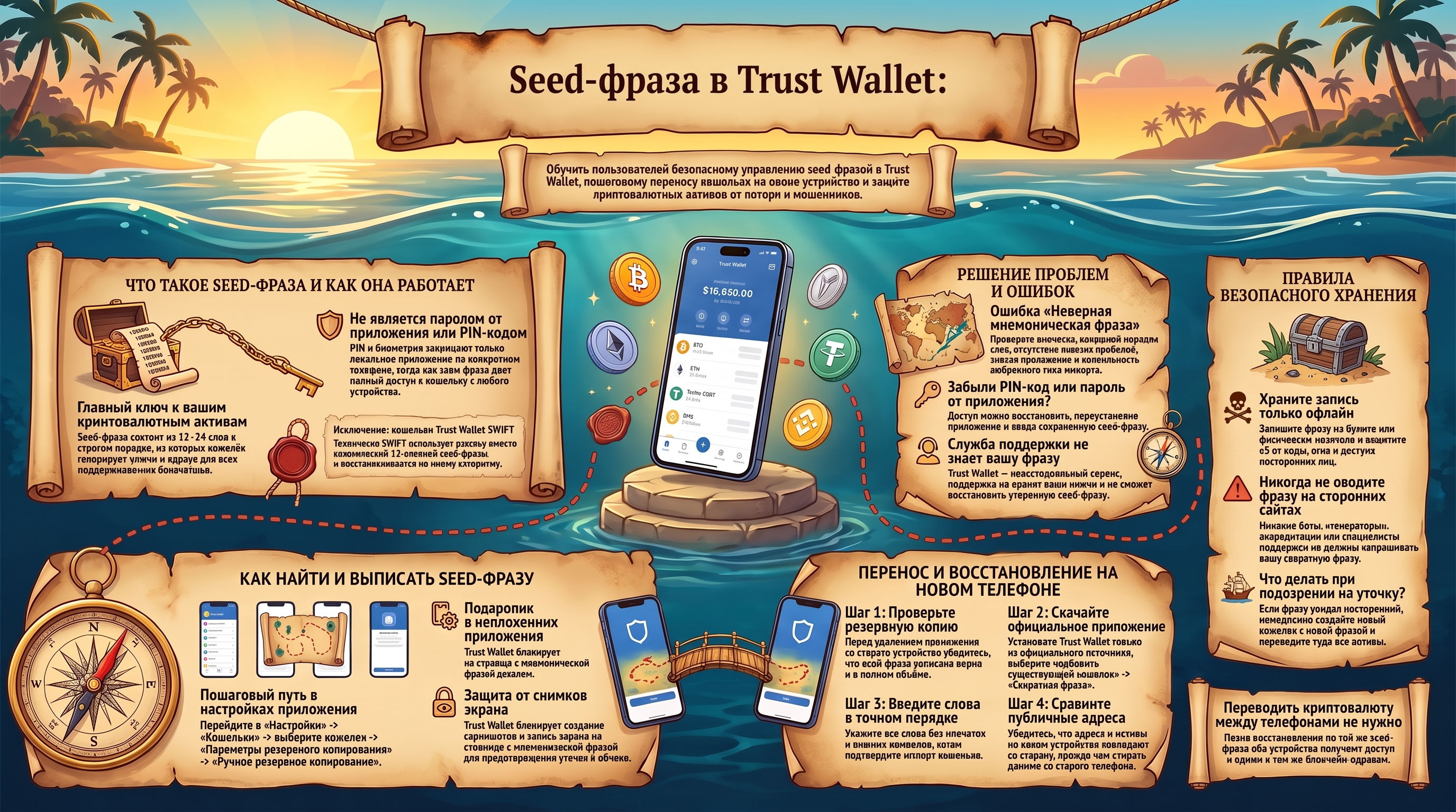 Seed-фраза в Trust Wallet: Полный гид по безопасности, поиску и переносу. Наглядное визуальное руководство от Tron Pool Energy подробно раскрывает все аспекты работы с мнемонической фразой восстановления. Инфографика объясняет ключевую концепцию сид-фразы