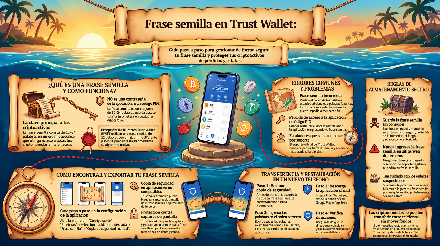 Frase semilla de Trust Wallet: guía completa de seguridad, recuperación y transferencia. Esta guía visual de Tron Pool Energy explica detalladamente todos los aspectos relacionados con la frase de recuperación. La infografía presenta el concepto clave de