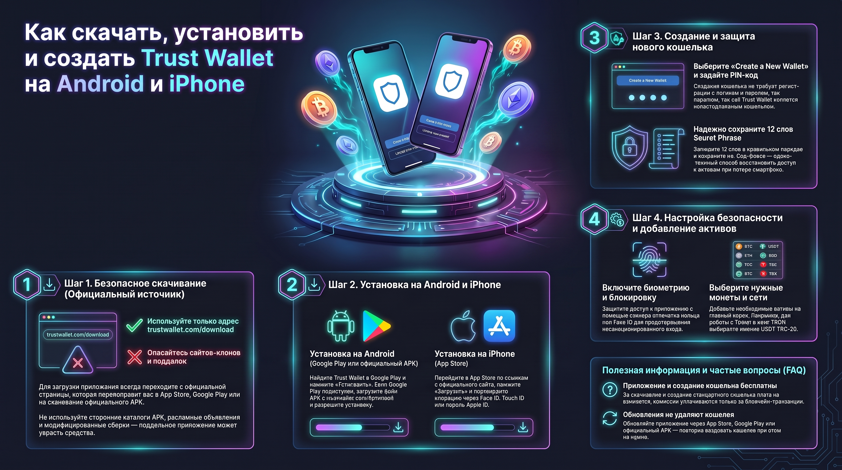 Как скачать, установить и создать Trust Wallet на Android и iPhone. Наглядное визуальное руководство по безопасному старту работы с мультичейн-кошельком Trust Wallet. Инфографика содержит 4 пошаговых блока: безопасная загрузка исключительно с официального
