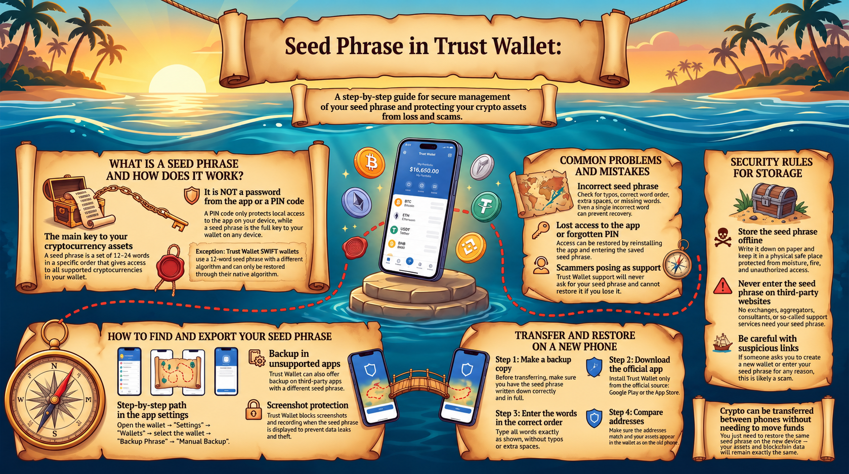 Trust Wallet Seed Phrase: The Complete Guide to Security, Recovery, and Transfer. This visual guide by Tron Pool Energy covers all aspects of working with a recovery phrase. The infographic explains the key concept of a 12–24-word seed phrase as the maste
