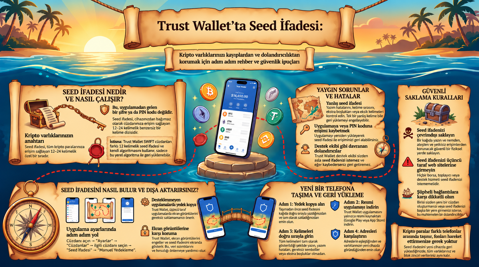 Trust Wallet Seed Phrase: Güvenlik, Bulma ve Aktarma için Kapsamlı Rehber. Tron Pool Energy tarafından hazırlanan bu görsel rehber, kurtarma ifadesinin kullanımıyla ilgili tüm önemli konuları ayrıntılı olarak ele alır. İnfografik, 12–24 kelimelik seed phr