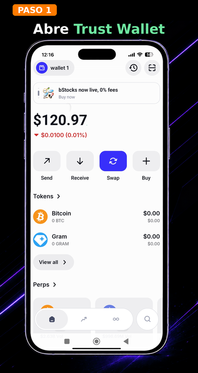 Abre Trust Wallet. Inicia la aplicación. Para encontrar tu dirección de USDT TRC-20, primero debes agregar este token a la pantalla principal de tu billetera.