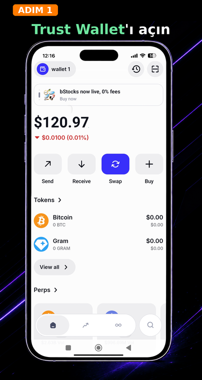 Trust Wallet'ı açın. Uygulamayı başlatın. USDT TRC-20 adresinizi bulmak için öncelikle bu tokeni cüzdanınızın ana ekranına eklemelisiniz.

Adım 2: guideA_step2_tr.png