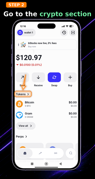 Go to the crypto section. Tap the "Tokens" tab. Trust Wallet does not have a single wallet number, so finding your receiving details always starts with selecting a specific asset.