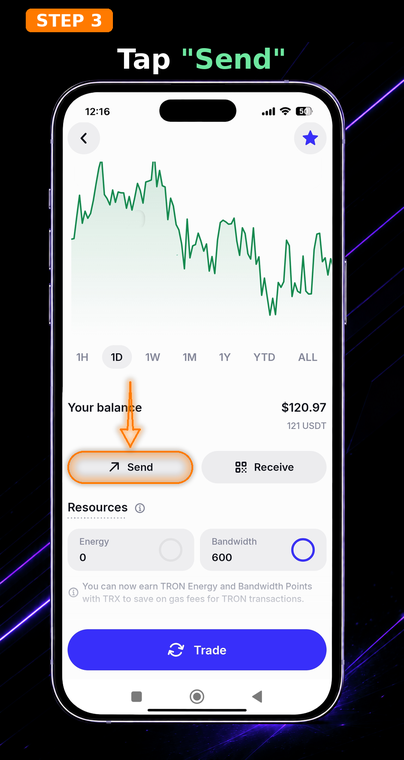 Tap "Send". On the token balance page, select the send option. Both the sender and receiver must use the exact same blockchain to prevent permanent loss of funds.