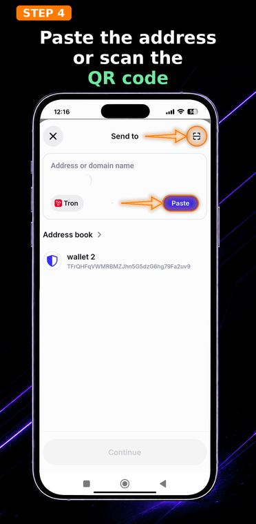 Paste the address or scan the QR code. Enter the recipient's details. Carefully double-check the pasted characters; a valid TRC-20 public address always begins with a capital letter "T".