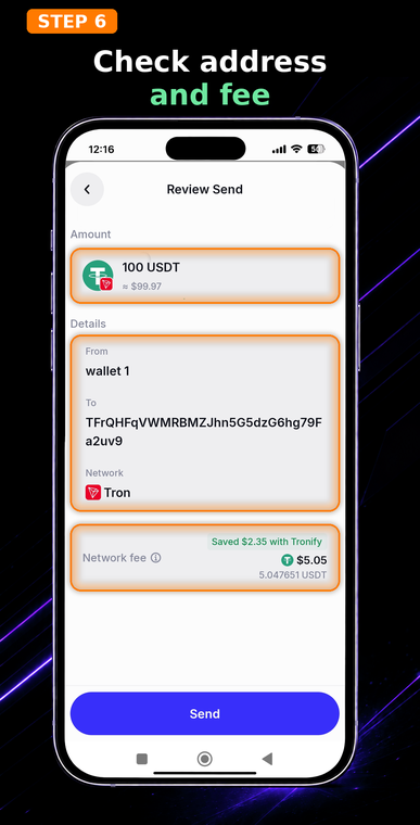 Check address and fee. Review the transaction details. If you are using a TRON energy rental service, the network fee section will highlight your savings, allowing you to execute the transfer without burning your own TRX.