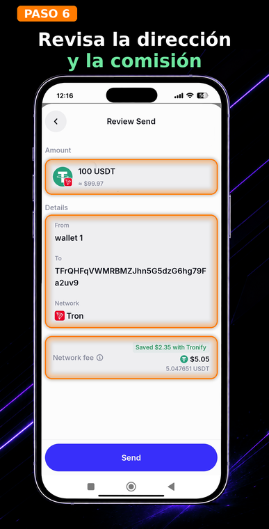 Revisa la dirección y la comisión. Verifica los detalles de la transacción. Si estás utilizando un servicio de alquiler de energía de TRON, notarás que la tarifa de red (Network fee) muestra un descuento, resultando en un costo de $0.00 (0 TRX). Esto te permite realizar la transferencia sin quemar tu propio TRX.