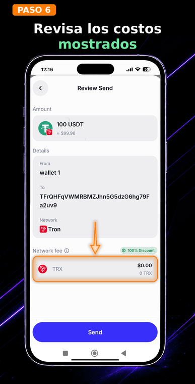 Revisa los costos mostrados. Revisa detenidamente la sección de "Network fee" (Tarifa de red). Si estás utilizando energía TRON alquilada, verás un descuento aplicado del 100%, lo que resulta en una tarifa de $0.00 (0 TRX). Esto garantiza que tu transacción se procesará sin quemar tu saldo personal de TRX.