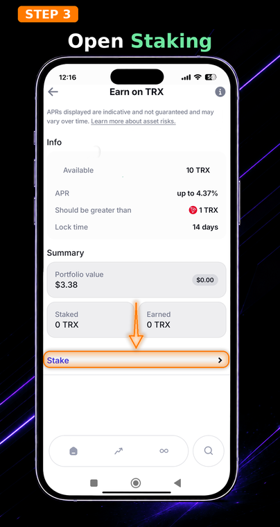 Open "Staking". On the asset information screen, review the core Stake 2.0 network conditions: a minimum stake of 1 TRX and a mandatory 14-day lockup period after unstaking. Tap the "Staking" button to continue.