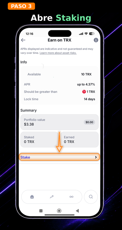 Abre "Staking". En la pantalla de información del activo, revisa las condiciones básicas de la red Stake 2.0: un monto mínimo de 1 TRX y un tiempo de bloqueo obligatorio de 14 días después de cancelar el staking. Toca la pestaña «Staking» para continuar.
