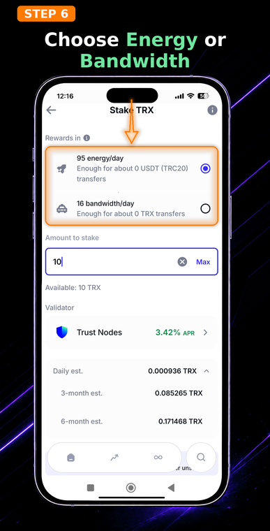 Select Energy or Bandwidth. This is a crucial step for saving on fees. If your goal is to make free USDT TRC-20 transfers, be sure to select Energy, as it is the exact resource consumed when interacting with token smart contracts.