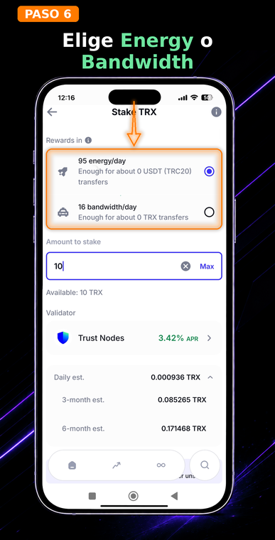 Selecciona Energy o Bandwidth. Este es un paso clave para ahorrar en comisiones. Si tu objetivo es realizar transferencias gratuitas de USDT TRC-20, asegúrate de elegir Energía (Energy), ya que este es el recurso que se consume al interactuar con los contratos inteligentes de los tokens.