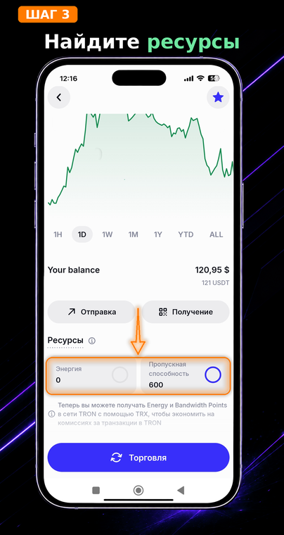 Найдите ресурсы. На странице токена USDT прокрутите экран немного вниз. Под кнопками отправки и получения вы увидите специальный блок «Ресурсы» (Resources), в котором отображается состояние арендованных или полученных от стейкинга мощностей.