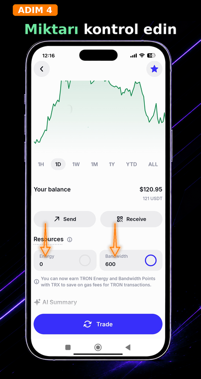 Miktarı kontrol edin. Bu blokta, mevcut "Enerji" (Energy) ve "Bant Genişliği" (Bandwidth) miktarı tam olarak görüntülenir. Örneğin, USDT transferi için Tron Pool Energy üzerinden Enerji kiraladıysanız, akıllı sözleşme ücretini karşılamaya hazır, yenilenmiş kaynak bakiyesini tam burada göreceksiniz.