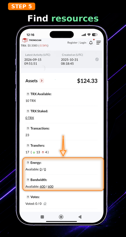 Find the resources. On the account page that opens, scroll down slightly past the list of main assets. Locate the information blocks labeled "Energy" and "Bandwidth".