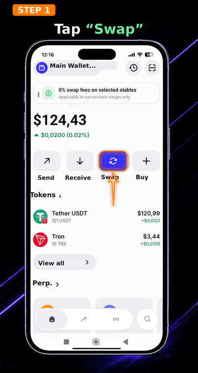 Tap "Swap". Open the Trust Wallet app and find the blue button with the circular arrows icon — "Swap" — on the main screen. If you already have USDT stablecoins, you don't necessarily need to buy TRX with fiat currency.