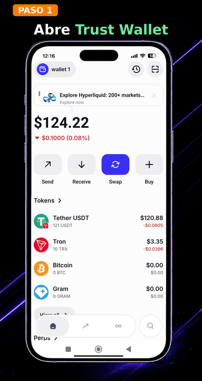 Abre Trust Wallet. Inicia la aplicación. En la pantalla principal se muestra tu portafolio de criptomonedas. Para encontrar la frase secreta de recuperación, debes ir a la configuración de la cuenta actual.