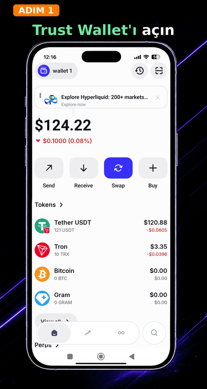 Trust Wallet'ı açın. Uygulamayı başlatın. Ana ekranda kripto para portföyünüz görüntülenir. Gizli kurtarma ifadesini bulmak için mevcut hesap ayarlarına gitmeniz gerekir.