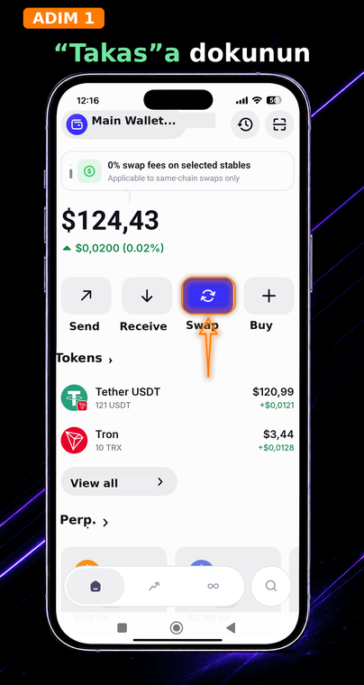 Takas"a (Swap) dokunun. Trust Wallet uygulamasını açın ve ana ekranda dairesel ok simgesi olan mavi "Takas" (Swap) düğmesini bulun. Halihazırda USDT sabit coinleriniz (stablecoin) varsa, itibari para (fiat) ile TRX satın almanız şart değildir.