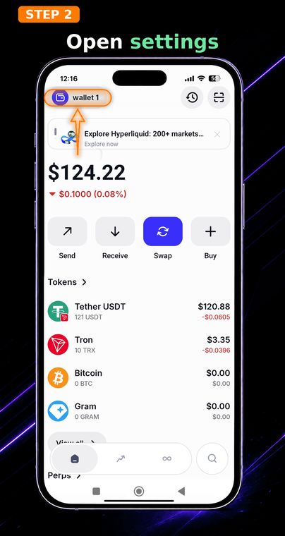 Open settings. In the top left corner of the screen, tap the button with the name of your current wallet (e.g., "wallet 1"). This opens the management menu for all linked accounts on your device.
