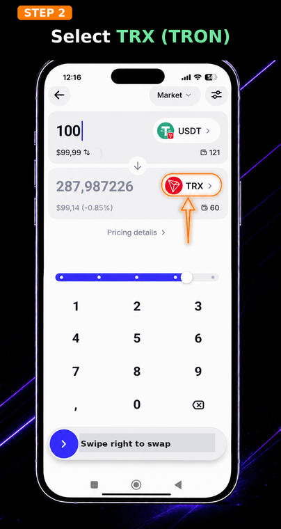 Select TRX (TRON). Set up the swap direction in the exchange window that opens: select USDT in the top field and TRX in the bottom field. Make absolutely sure that both coins are on the same network (TRON) for the exchange to be successful.