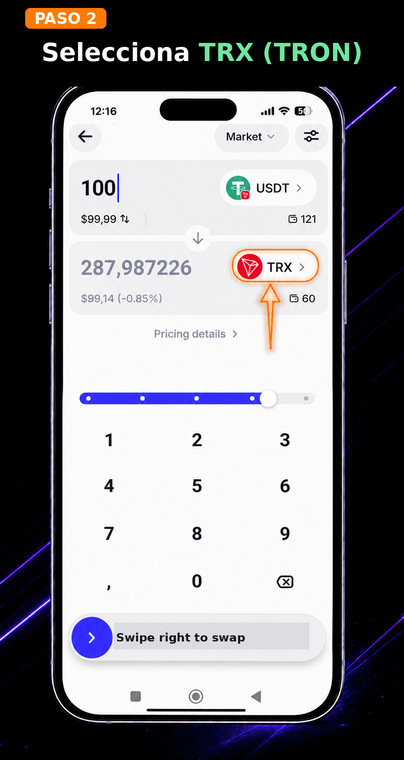 Selecciona TRX (TRON). En la ventana de intercambio que se abre, configura la dirección: en el campo superior selecciona USDT y en el inferior selecciona TRX. Asegúrate estrictamente de que ambas monedas estén en la misma red (TRON) para que el intercambio sea exitoso.