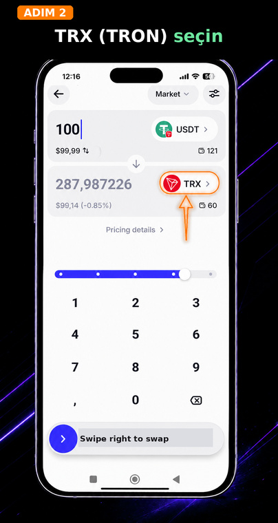 TRX (TRON) seçin. Açılan takas penceresinde yönü ayarlayın: üst alanda USDT'yi, alt alanda ise TRX'i seçin. Takasın başarılı olması için her iki coinin de aynı ağda (TRON) olduğundan kesinlikle emin olun.