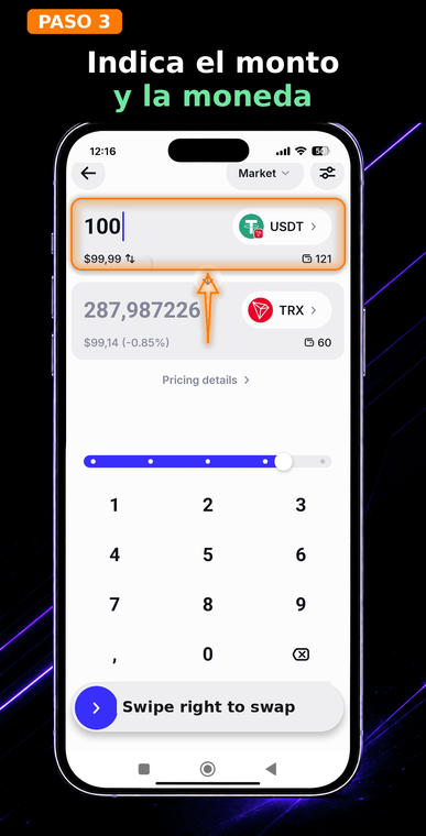 Indica el monto y la moneda. En el campo superior ingresa la cantidad de USDT que estás dispuesto a gastar (por ejemplo, 100 USDT). La aplicación calculará automáticamente cuánto TRX recibirás a cambio, basándose en la tasa de mercado actual.