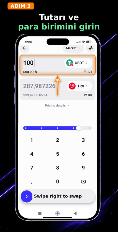 Tutarı ve para birimini belirtin. Üst alana harcamaya hazır olduğunuz USDT miktarını (örneğin 100 USDT) girin. Uygulama, mevcut piyasa kuruna göre karşılığında ne kadar TRX alacağınızı otomatik olarak hesaplayacaktır.