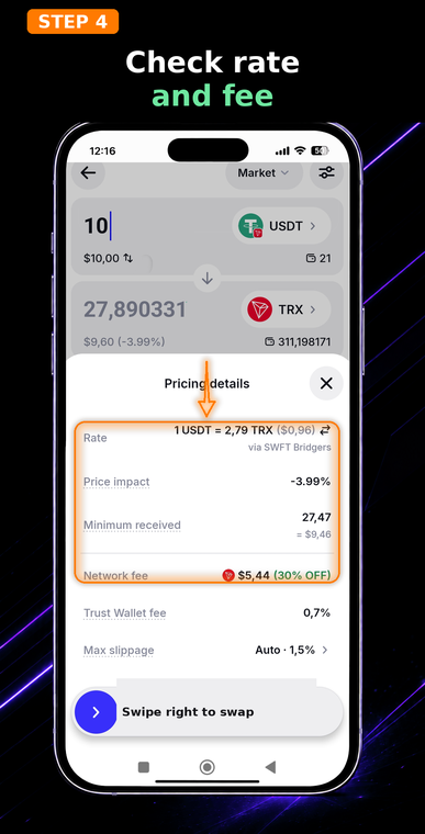 Check the rate and fees. Tap "Pricing details" to expand the full transaction information. Carefully review the exchange rate (Rate), potential price impact (Price impact), minimum received amount (Minimum received), and the network fee (Network fee) that will be deducted for the smart contract operation itself.
