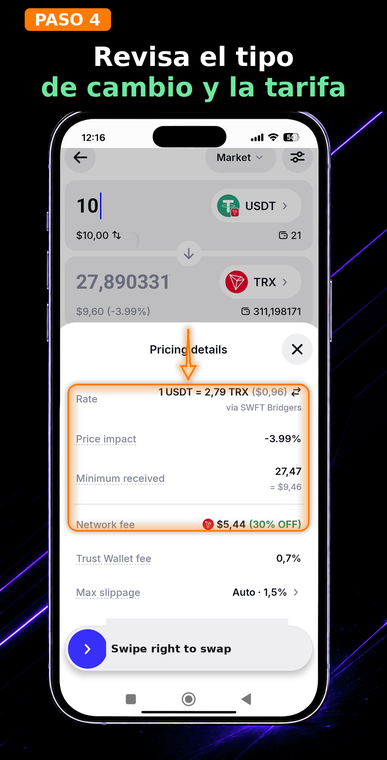 Verifica la tasa y las comisiones. Toca en "Pricing details" (Detalles de precios) para desplegar la información completa de la transacción. Revisa detenidamente la tasa de cambio (Rate), el posible impacto en el precio (Price impact), el monto mínimo recibido (Minimum received) y la comisión de la red (Network fee) que se deducirá por la operación del contrato inteligente en sí.