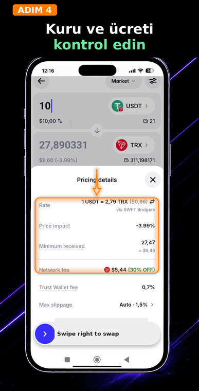 Kur ve komisyonları kontrol edin. Tam işlem bilgilerini genişletmek için "Pricing details" (Fiyatlandırma detayları) üzerine dokunun. Döviz kurunu (Rate), olası fiyat etkisini (Price impact), alınacak minimum tutarı (Minimum received) ve akıllı sözleşme işleminin kendisi için düşülecek ağ komisyonunu (Network fee) dikkatlice inceleyin.