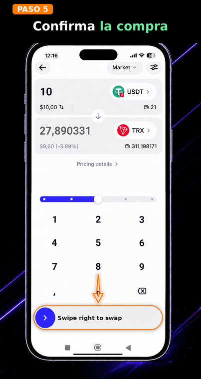 Confirma la compra. Si estás conforme con todas las condiciones, la tasa y las comisiones, desliza el control en la parte inferior de la pantalla hacia la derecha. Esta acción inicia la transacción de intercambio en la cadena de bloques, y los TRX pronto llegarán a tu saldo.